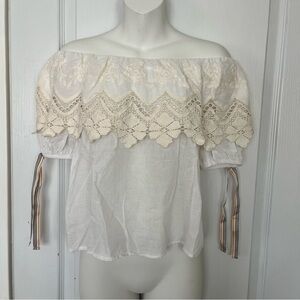 Rinascimento Elegant Off-Shoulder Lace Trim Top Small White Cream